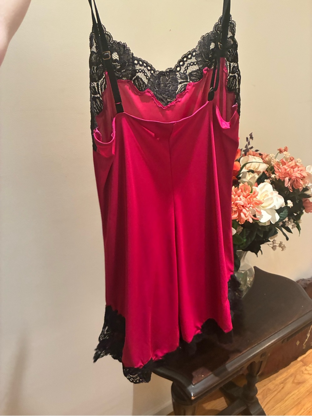 Y2k Vintage Hot Pink Chemise with Black Lace Trim